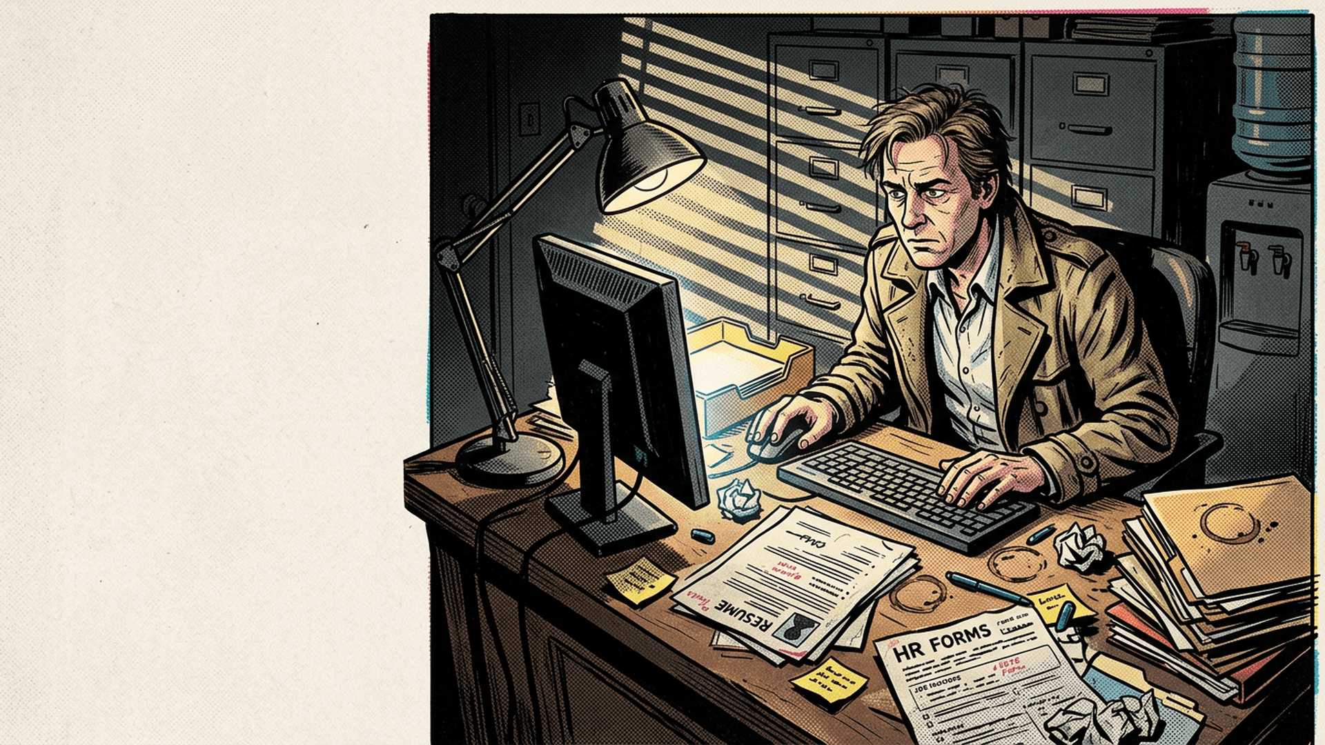 Illustrated noir desk scene: investigator at a typewriter with career case files, stamps, and evidence sheets